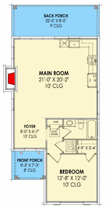 Plan 818154JSS: 1-Bed European Cottage ADU House Plan with Open-Concept Living Space - 803 Sq Ft - Floor Plan - Main Level - Cottage, European, Rustic