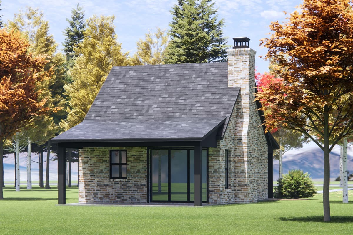 House plan exterior of a 1.5-story cottage with brick facade, gable roof, large chimney, and covered porch with glass doors.