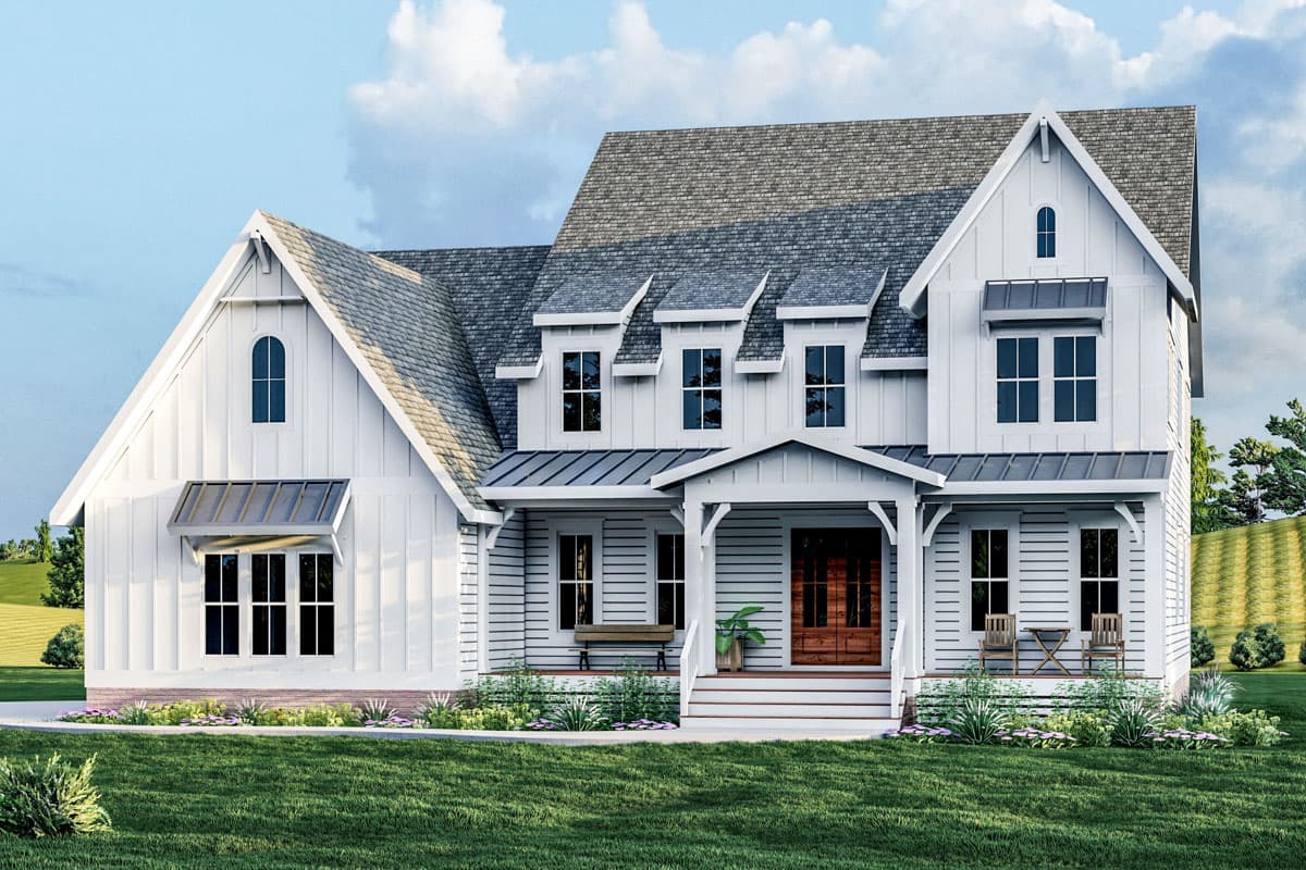 House plan exterior. Two-story Modern Farmhouse with gables, a covered front porch, dormers, and a prominent roofline.