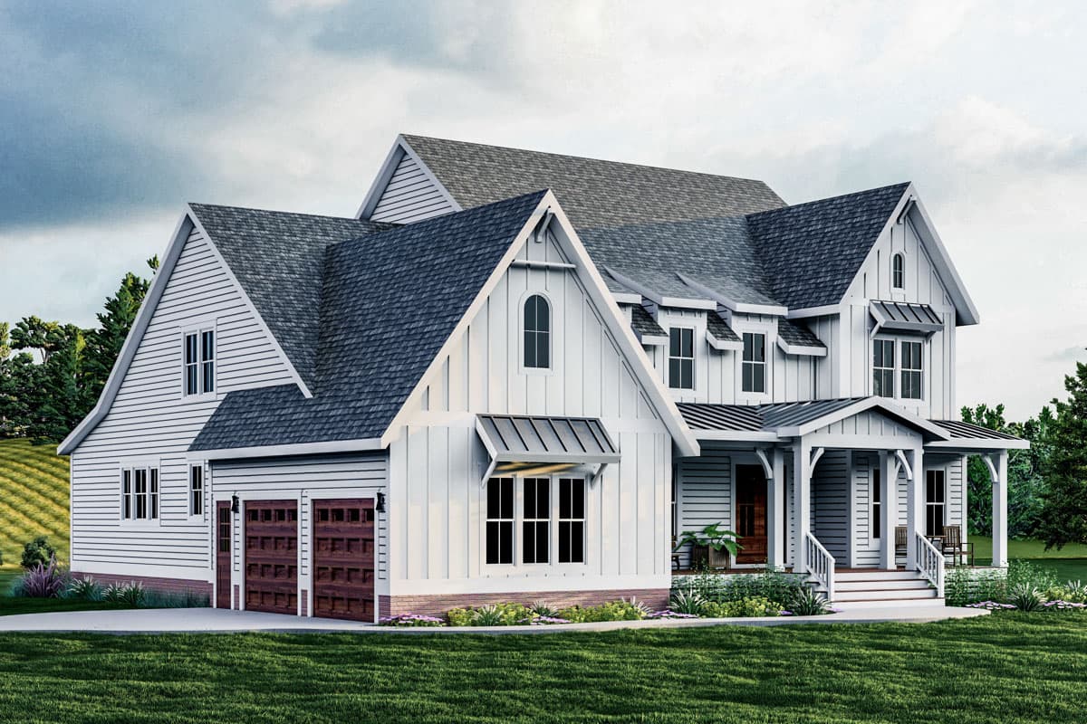 Modern Farmhouse house plan exterior with gables, dormers, covered porch, and a side-facing two-car garage.