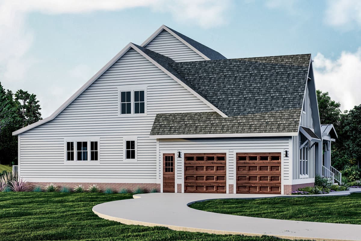 House plan exterior: Modern Farmhouse style, two stories, white siding, asphalt shingle roof, attached three-car garage.