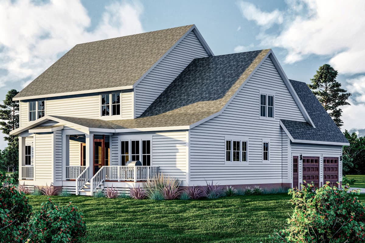 House plan exterior: two-story, white horizontal siding, prominent gabled roof, covered front porch with railings, and a side-facing two-car garage.