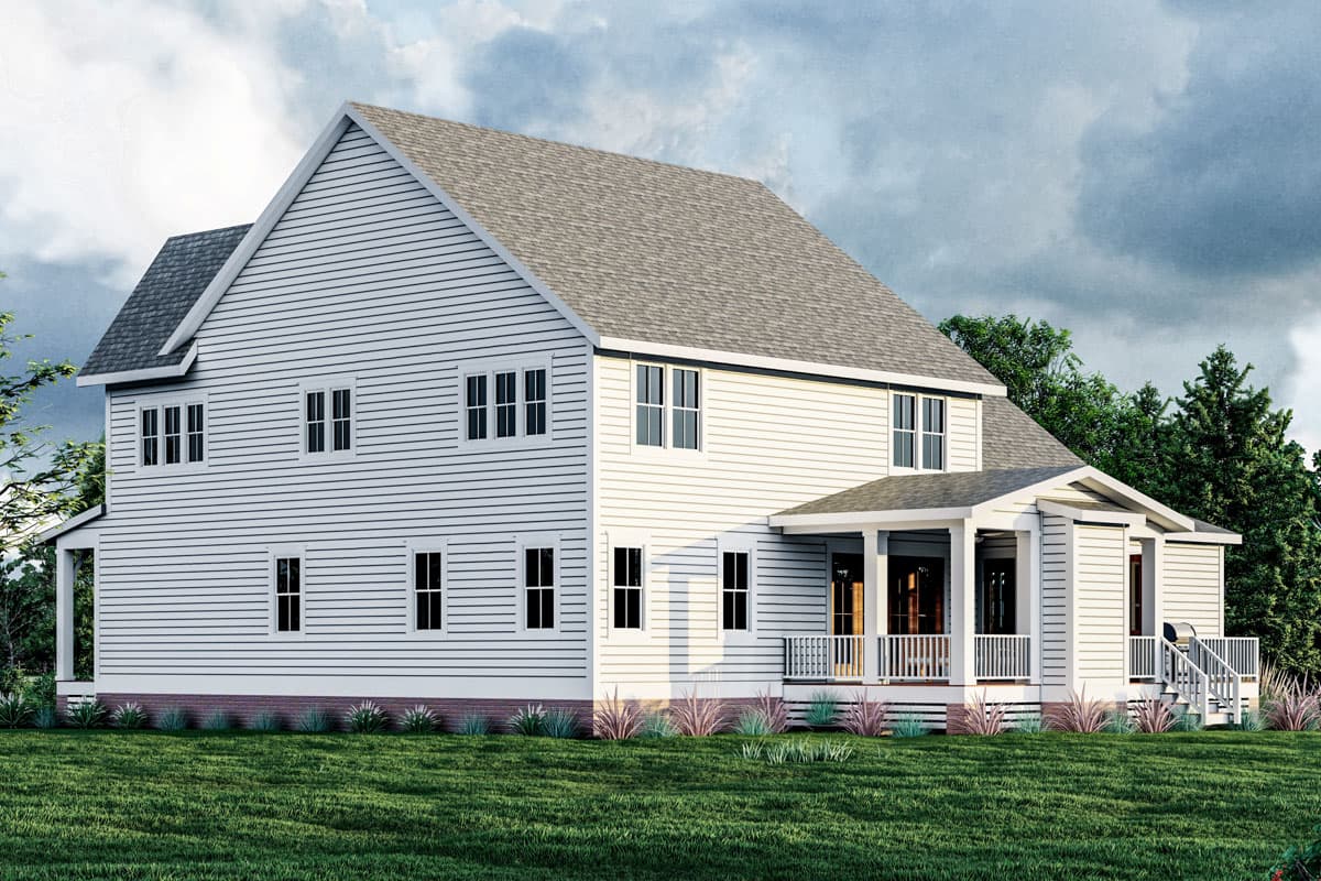 Two-story house plan exterior with gable roof, prominent front porch, and white horizontal siding.