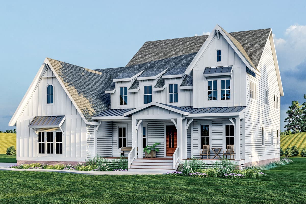 Modern farmhouse house plan exterior with a prominent gable, metal roof awnings, and a covered front porch with decorative columns.