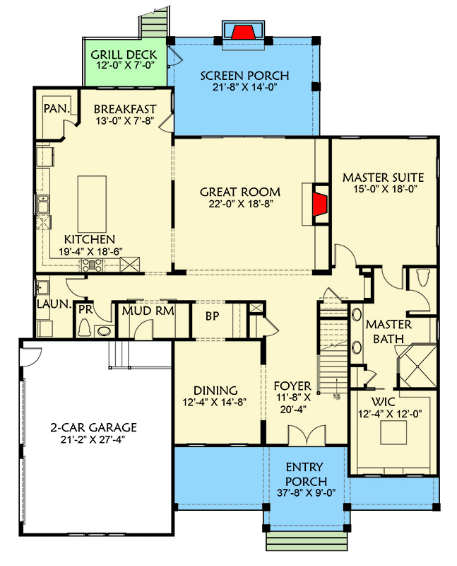 Plan 500089VV: 5-Bed New American Farmhouse Plan with Outdoor Fireplace - 4102 Sq Ft - Floor Plan - Main Level - Country, Modern Farmhouse, New American, Traditional