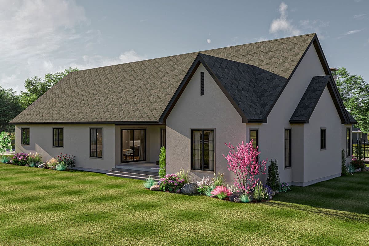 House plan exterior rendering with a stucco finish, prominent gables, and a covered rear patio with sliding glass doors.