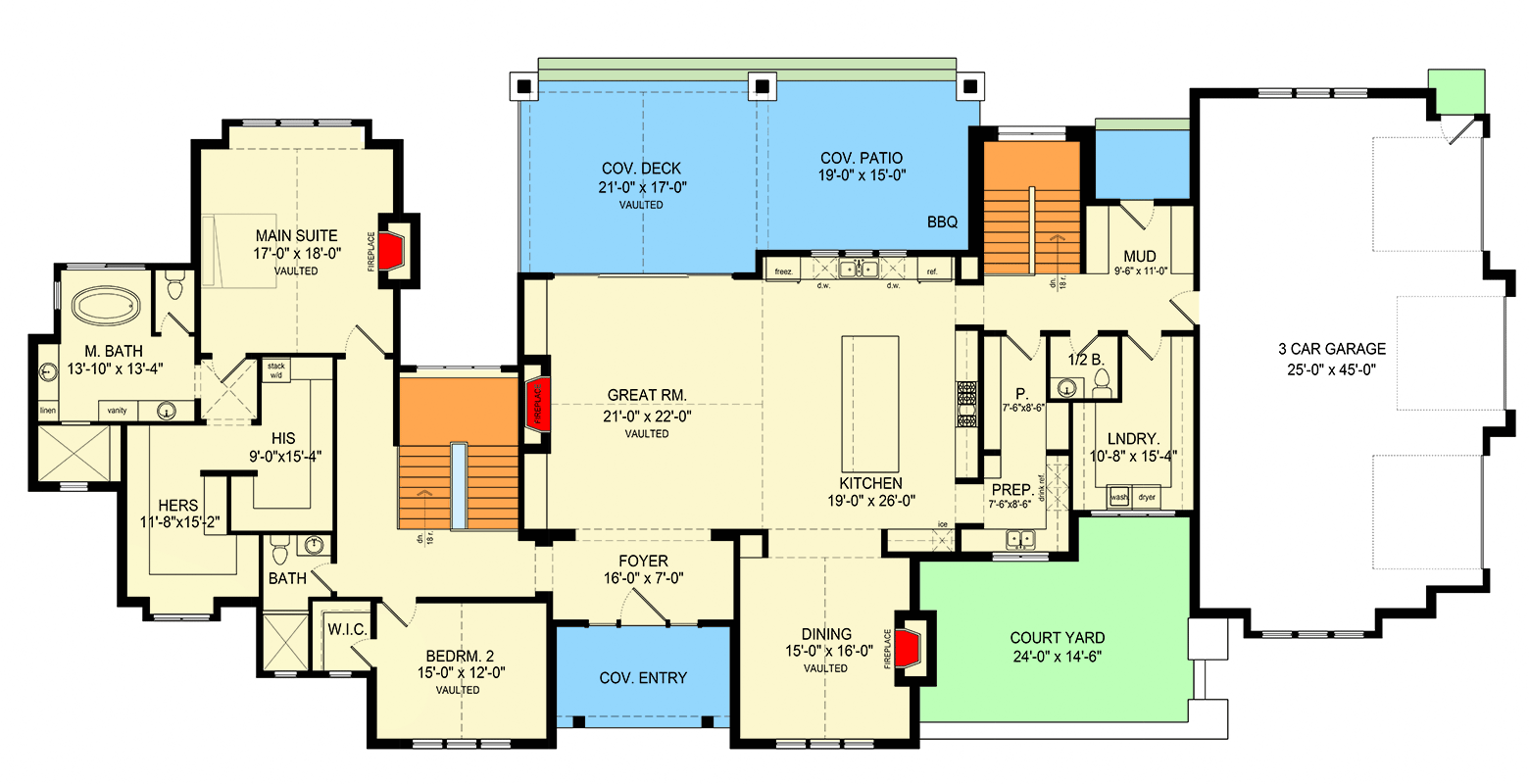 Plan 493017GNT: 5 or 6-Bedroom Contemporary Single-Story House Plan with Vaulted Great Room - 6790 Sq Ft - Floor Plan - Main Level - Contemporary, New American, Transitional
