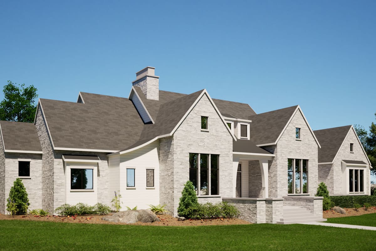 House plan exterior: Modern design with stone and white siding, prominent gables, steep rooflines, and a covered entry.