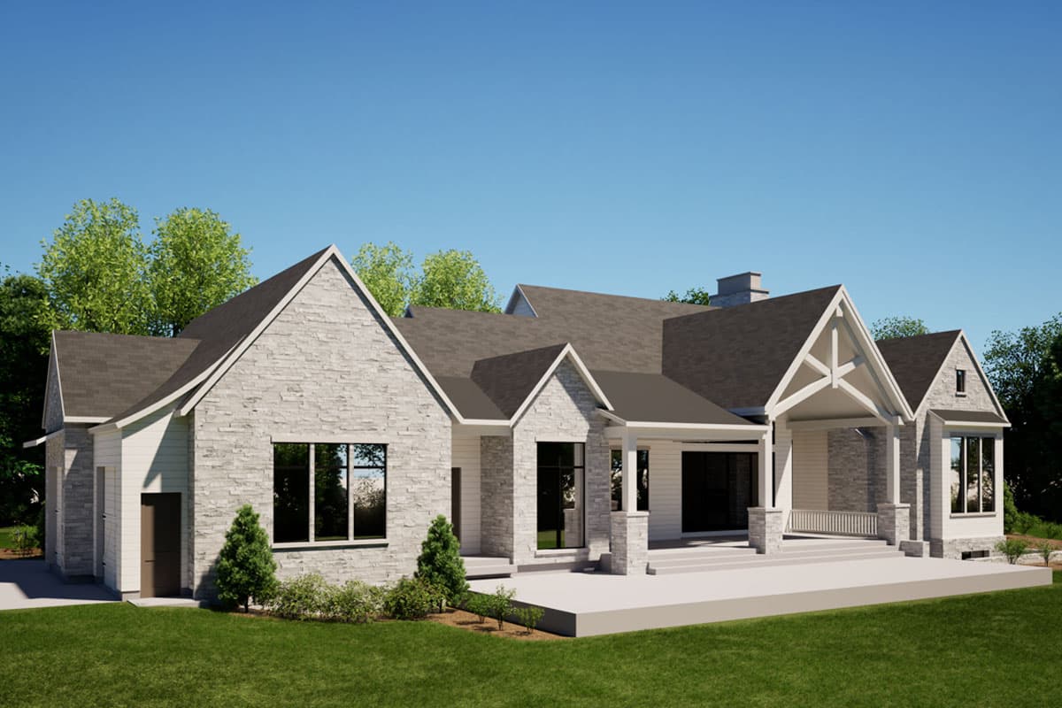 House plan exterior, one-story, stone and siding facade, gables, covered porch with exposed beams, and large windows.