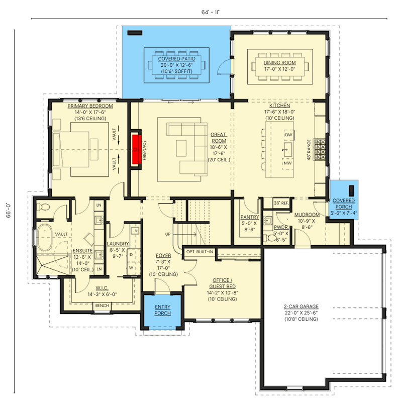 Plan 330026WLE: 4-Bedroom New American House Plan with Flex Room - 3422 Sq Ft - Floor Plan - Main Level - New American, Transitional