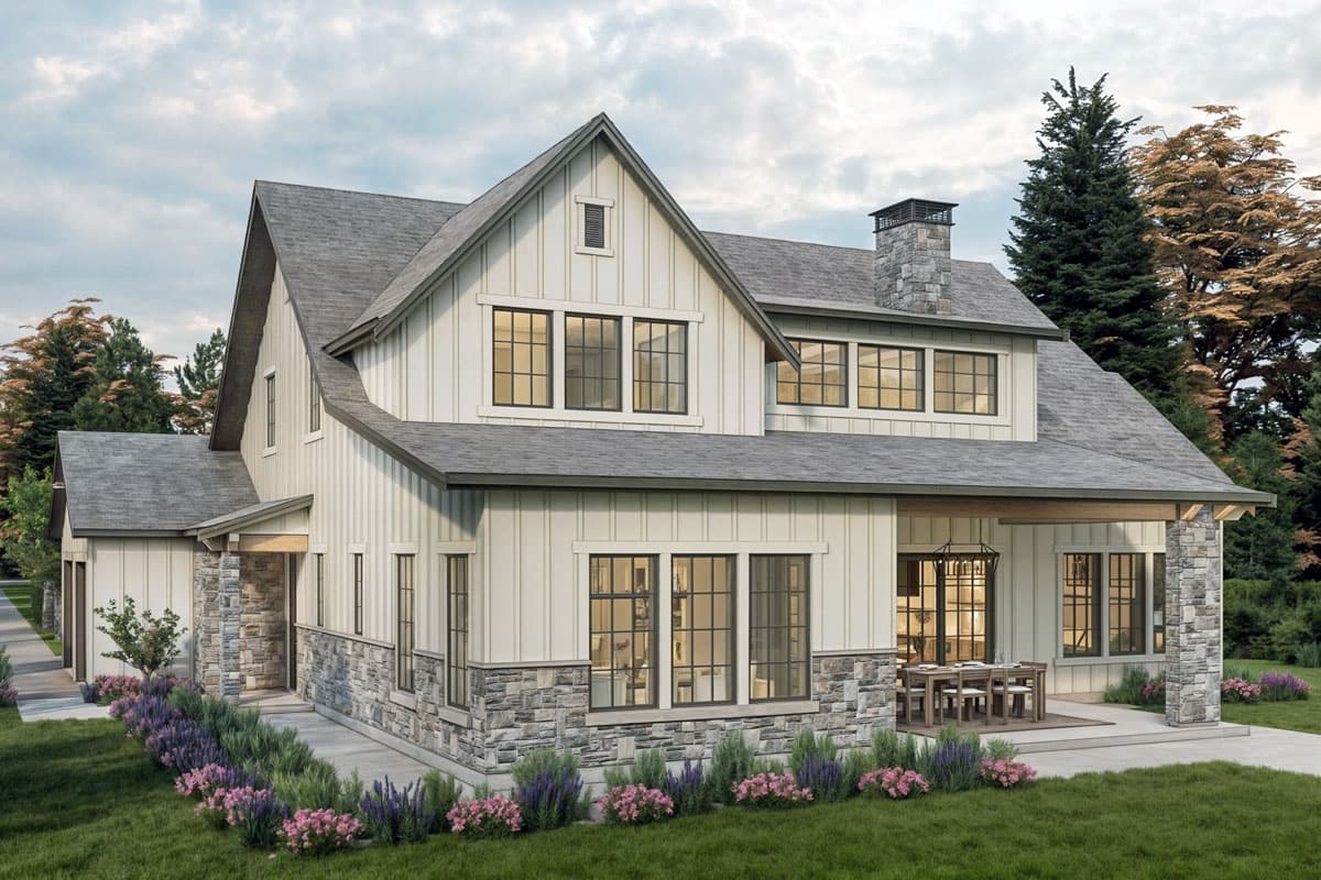 Modern Farmhouse house plan exterior with stone accents, board-and-batten siding, and a prominent gabled roofline.