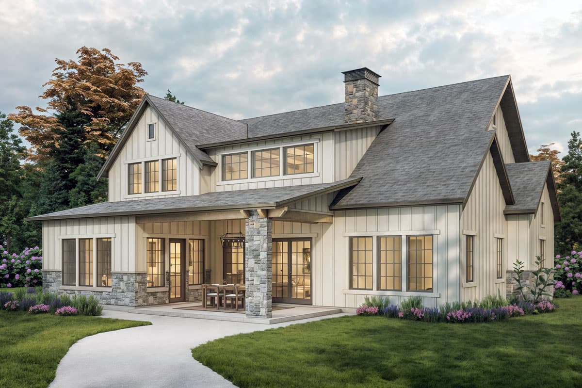Modern farmhouse house plan exterior with board-and-batten siding, stone accents, covered porch, and gabled dormers.