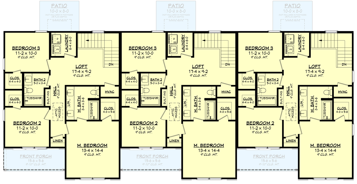 Plan 51982HZ: Modern Farmhouse Triplex Townhouse Plan with Matching 3-Bed Units - 1581 Sq Ft Each - Floor Plan - 2nd Floor - Country, Craftsman, Modern Farmhouse, New American, Traditional