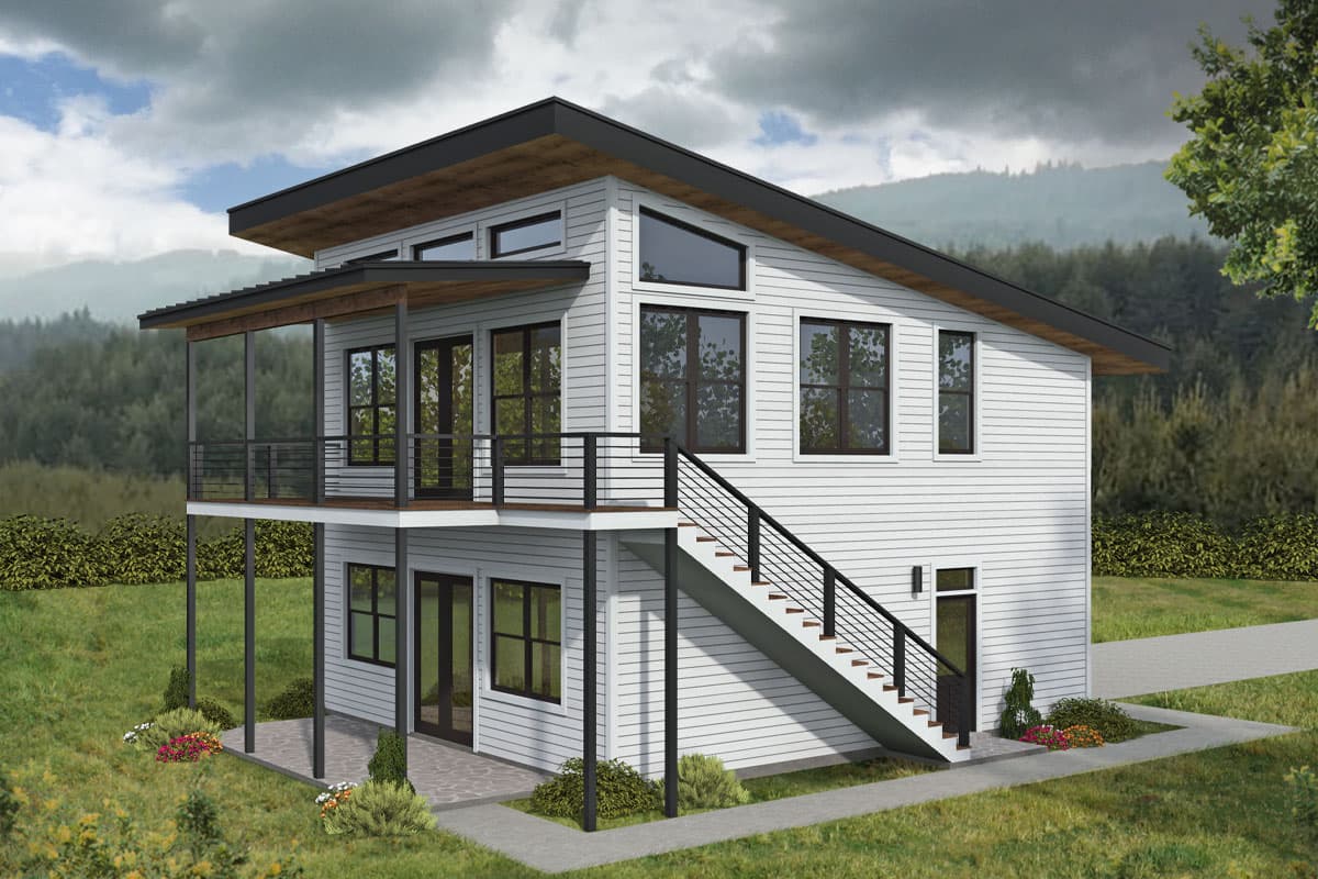 House plan exterior with modern design. Features include a two-story structure, a cantilevered balcony, and a shed roofline.