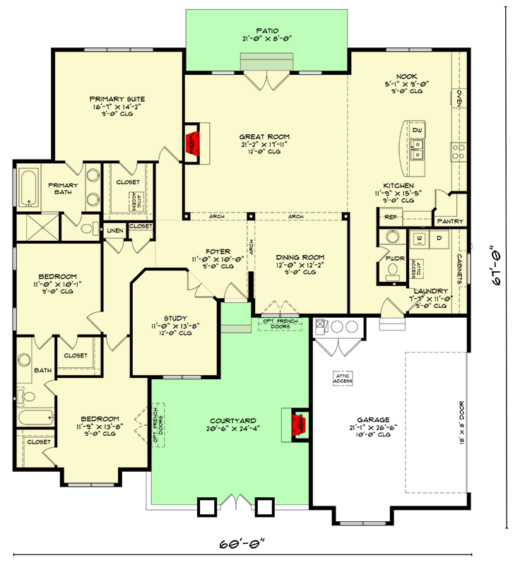 Plan 520023RKY: 3-Bedroom Craftsman Ranch House Plan with Gated Courtyard and Outdoor Fireplace - 2387 Sq Ft - Floor Plan - Main Level - Craftsman, Ranch, Traditional