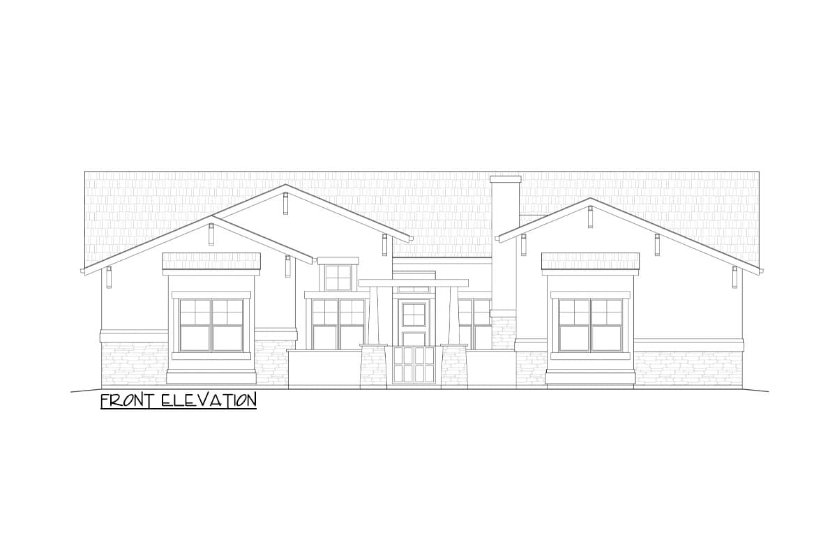 Front elevation drawing of a single-story house plan with a covered entry, stone accents, and multiple gables.