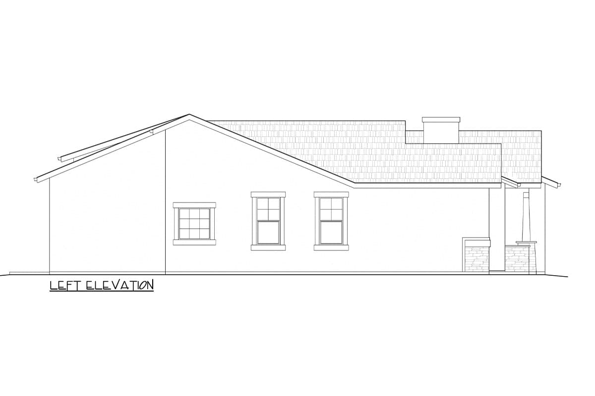 Left elevation house plan with three windows, a covered porch, stone accents, and a multi-level roofline.