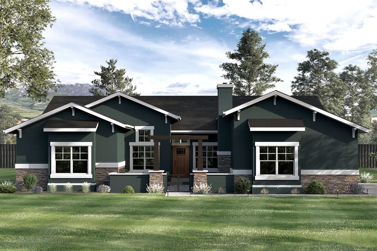 House plan exterior with Craftsman-style elements. One-story home with gabled roof, prominent chimney, and stone accents at the foundation.