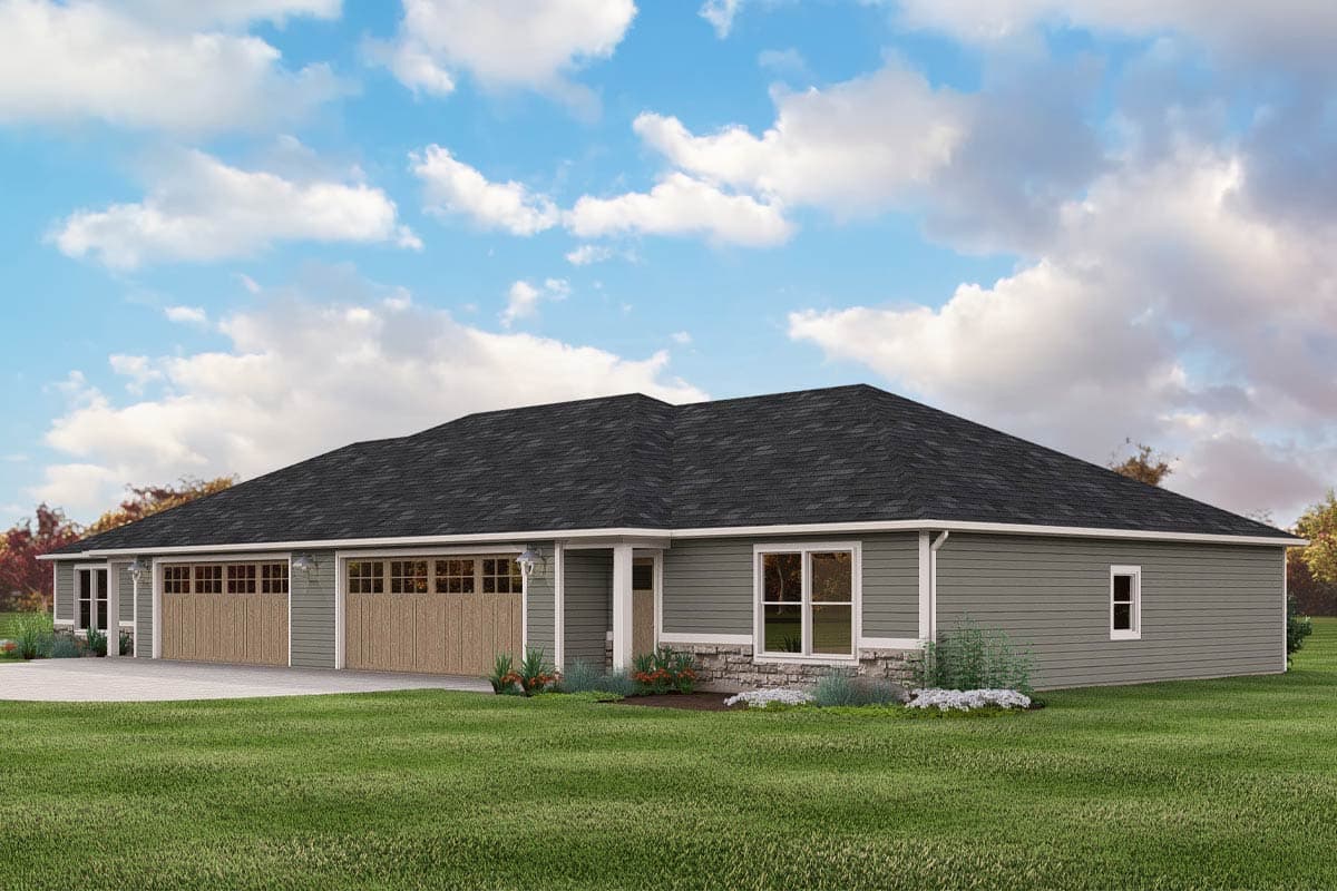 House plan exterior: Single-story Modern Farmhouse with a three-car garage, covered entry, and stone accent foundation.