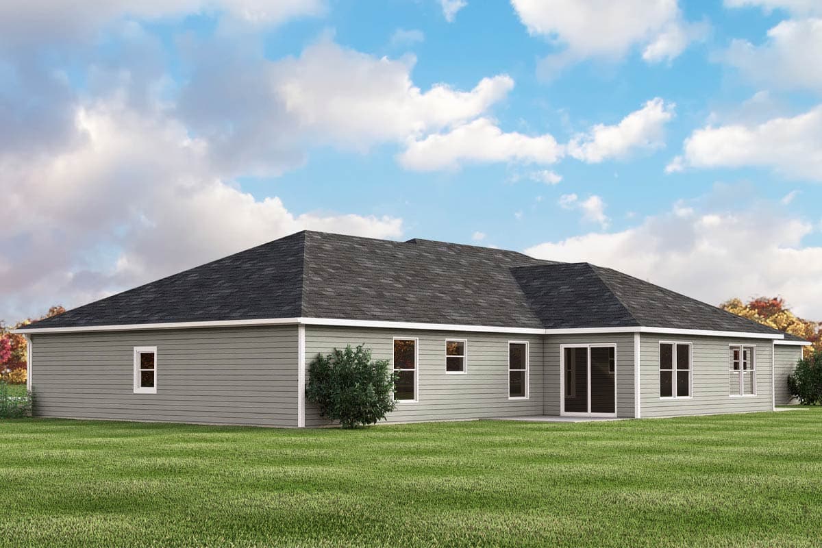 House plan exterior: Single-story ranch with horizontal siding, dark asphalt roof, and multiple windows. Features sliding glass doors.