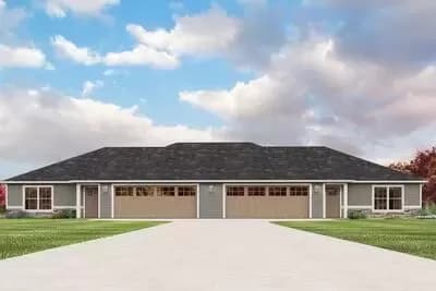 2-Bed Duplex House Plan with 2-Car Garage - 1289 Sq Ft Per Unit