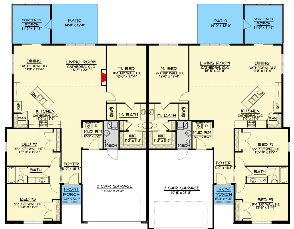 Plan 135310GRA: Single-Story Duplex House Plan with Matching 3-Bedroom Units - 1765 Sq Ft Per Unit - Floor Plan - Main Level - Country, New American, Ranch