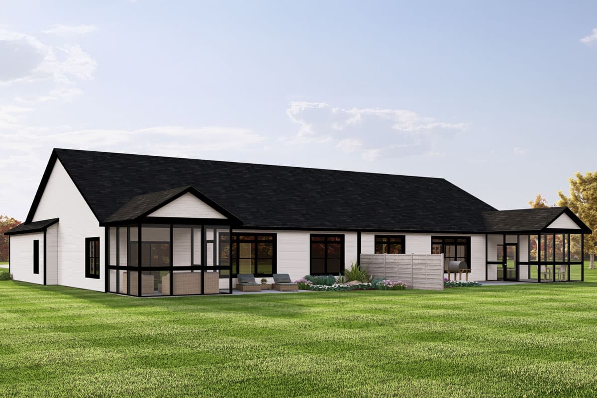 House plan exterior: Modern Farmhouse style, one story, featuring gabled rooflines, multiple screened porches, and numerous windows.