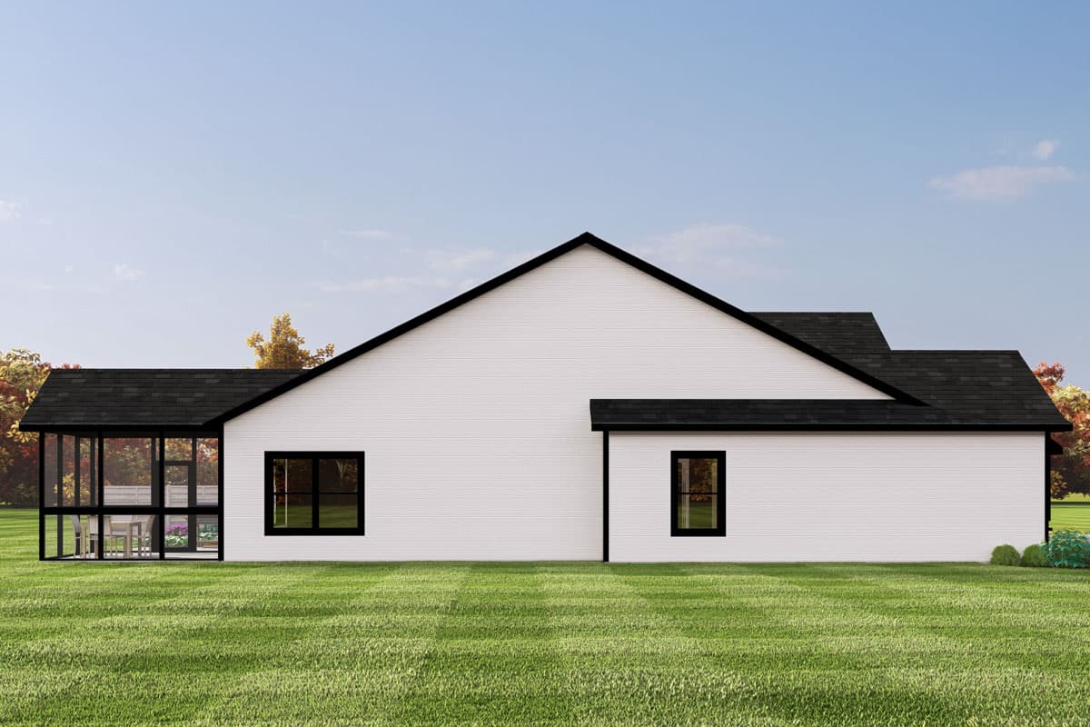 House plan exterior rendering of a single-story modern home with white siding, black roof, and a screened porch.