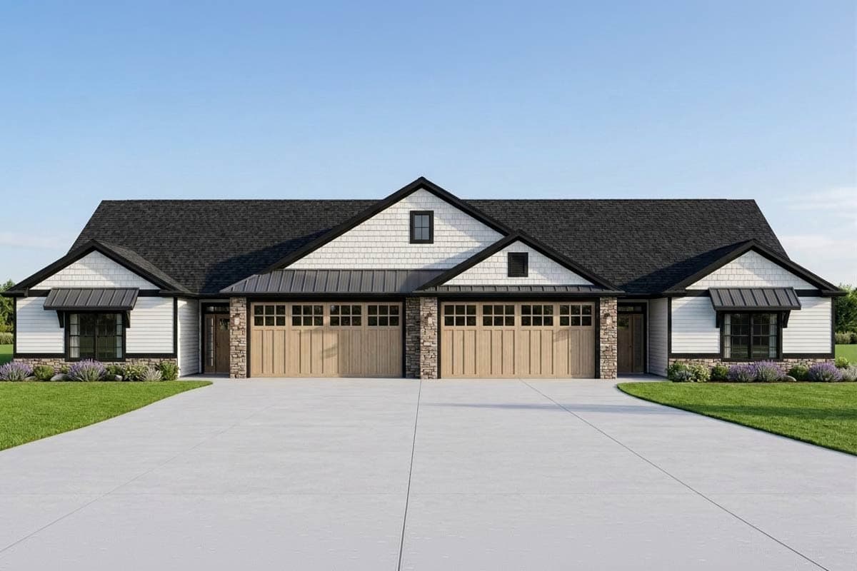 House plan exterior with Craftsman style, single story, and two garage doors. Features include gables, dormers, and stone accents.