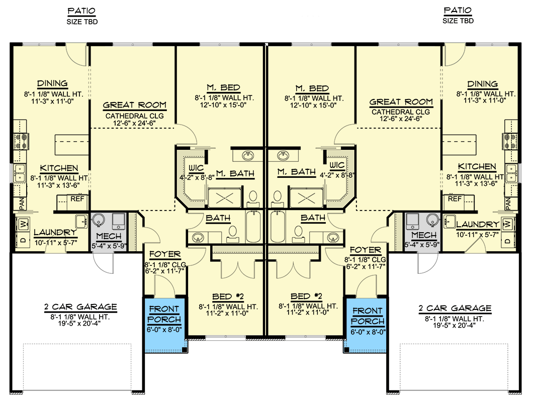 Plan 135311GRA: Duplex House Plan with 2-Bedroom Units - 1381 Sq Ft Per Unit - Floor Plan - Main Level - Craftsman, Ranch, Traditional