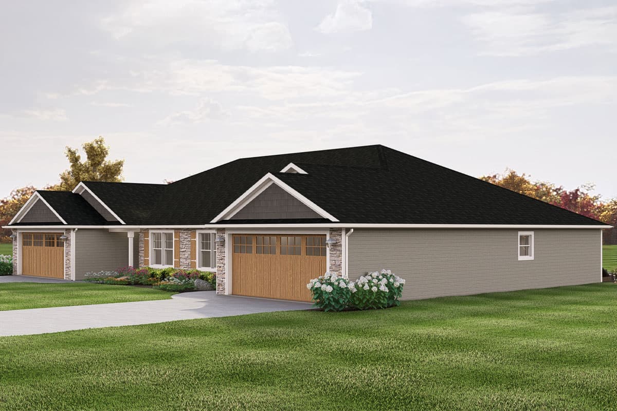 House plan exterior: one-story ranch with attached two-car garage, gabled dormers, and stone accents.