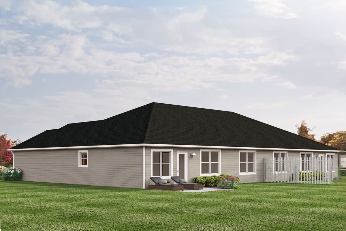 House plan exterior: Single-story dwelling with a large, dark-shingled roof, horizontal siding, and multiple windows along the rear.