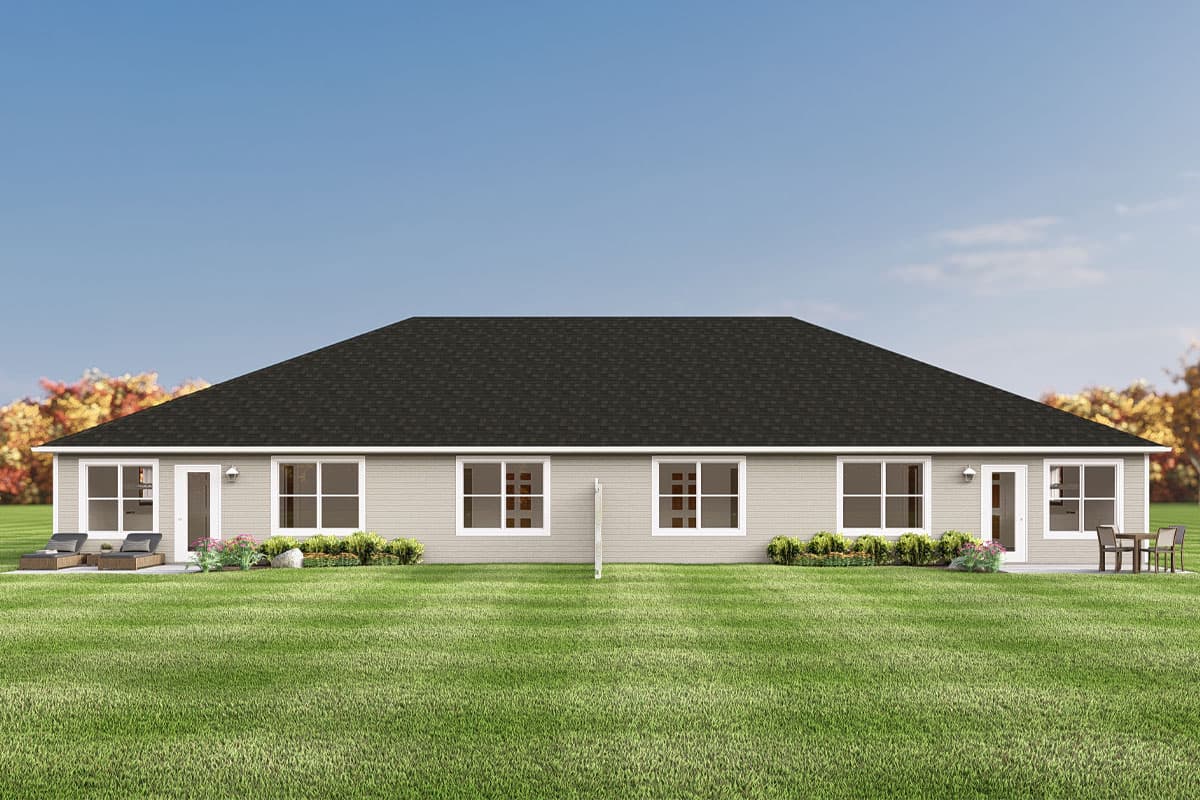 House plan exterior: single-story dwelling with a large hipped roof, symmetrical windows, and two side doors.