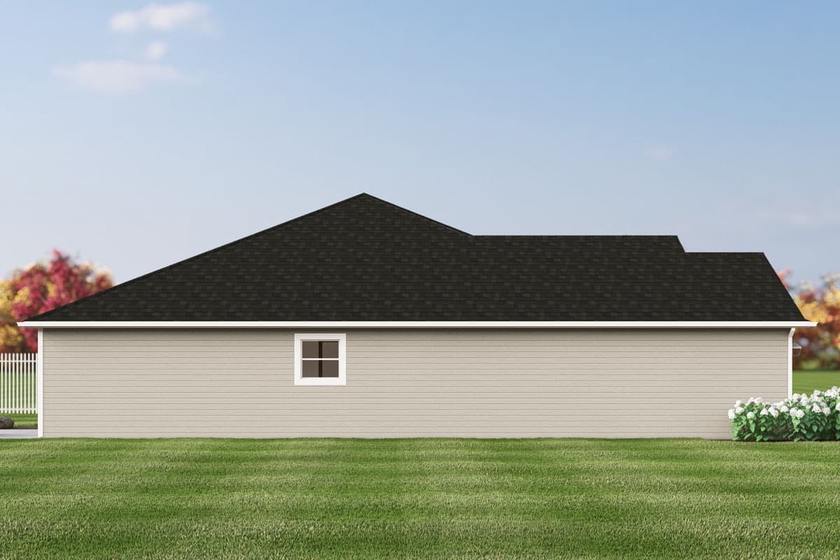 House plan exterior: single-story, beige siding, hip roof, one small square window, and a white fence.