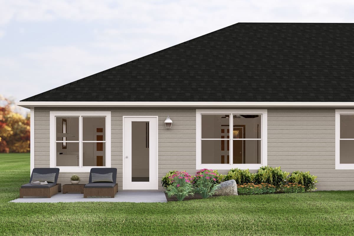 House plan exterior: Contemporary style with a pitched asphalt shingle roof, horizontal siding, and large casement windows.