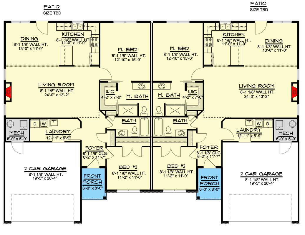 Plan 135312GRA: 2-Bedroom Duplex House Plan with matching Units Under 1400 Sq Ft - Floor Plan - Main Level - Ranch, Traditional