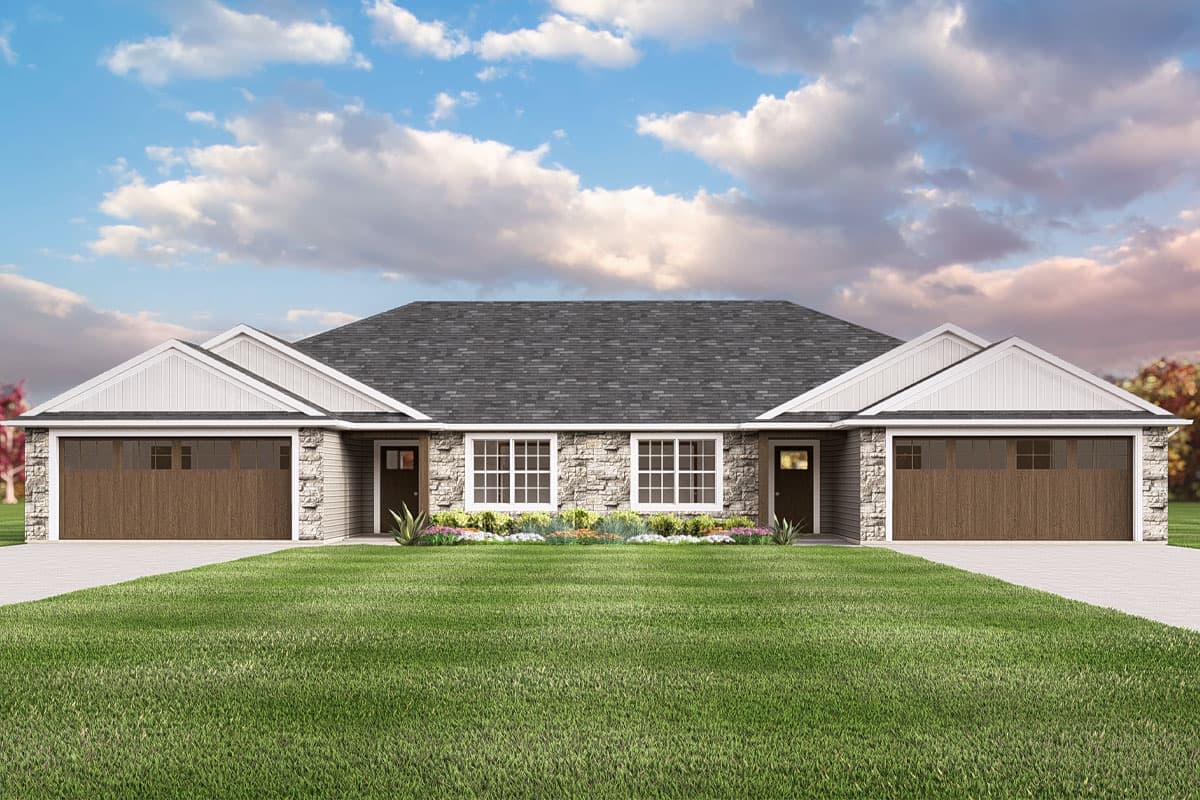 House plan exterior. Two-story, Modern style, featuring a central entry, gabled roof, stone facade, and two garage doors.