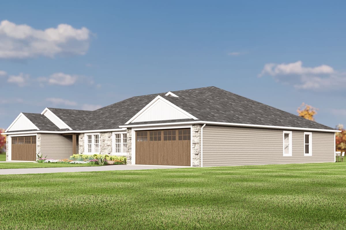 House plan exterior: single-story Modern Farmhouse with stone and siding, gable dormers, and a side-entry two-car garage.