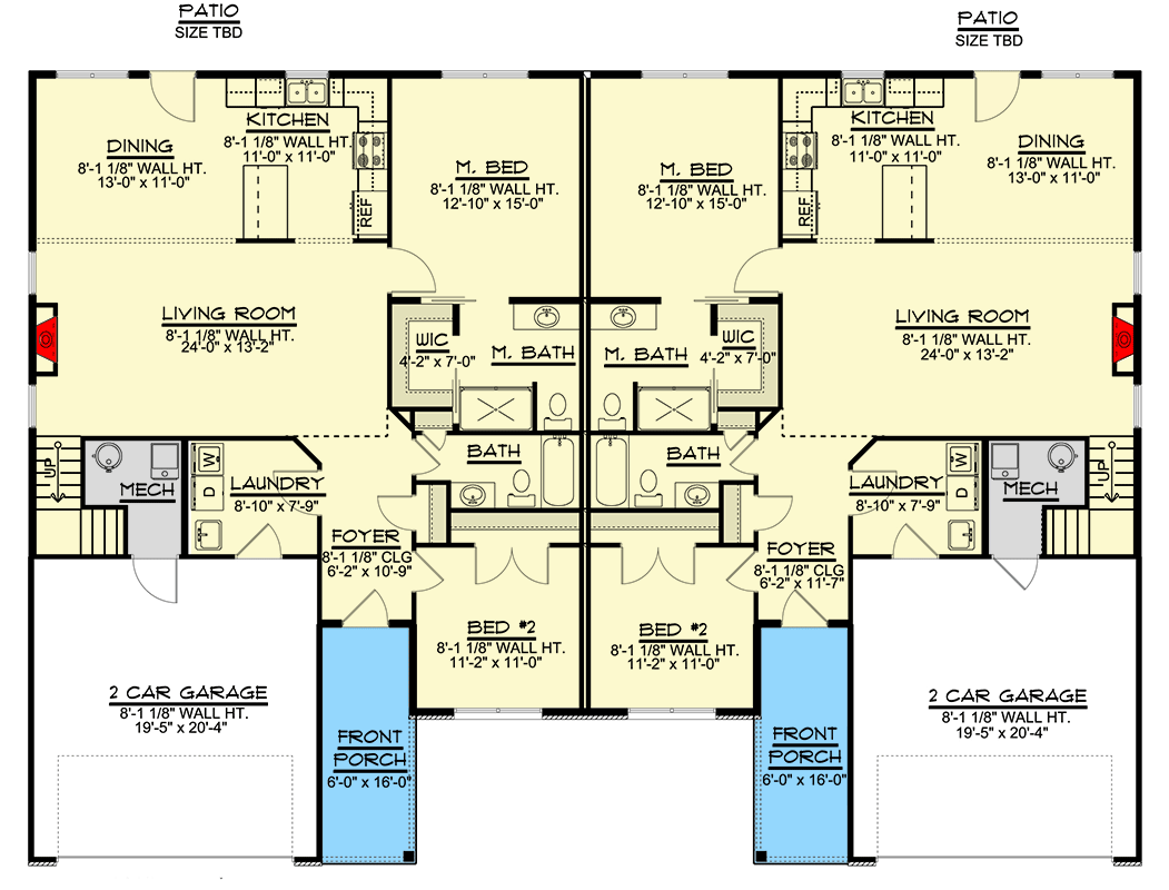 Plan 135313GRA: Two-Story Duplex House Plan with Matching 3-Bedroom Units - 1140 Sq Ft Per Unit - Floor Plan - Main Level - Ranch, Traditional