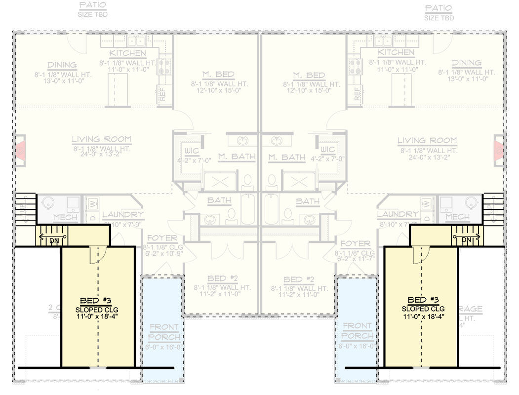 Plan 135313GRA: Two-Story Duplex House Plan with Matching 3-Bedroom Units - 1140 Sq Ft Per Unit - Floor Plan - 2nd Floor - Ranch, Traditional