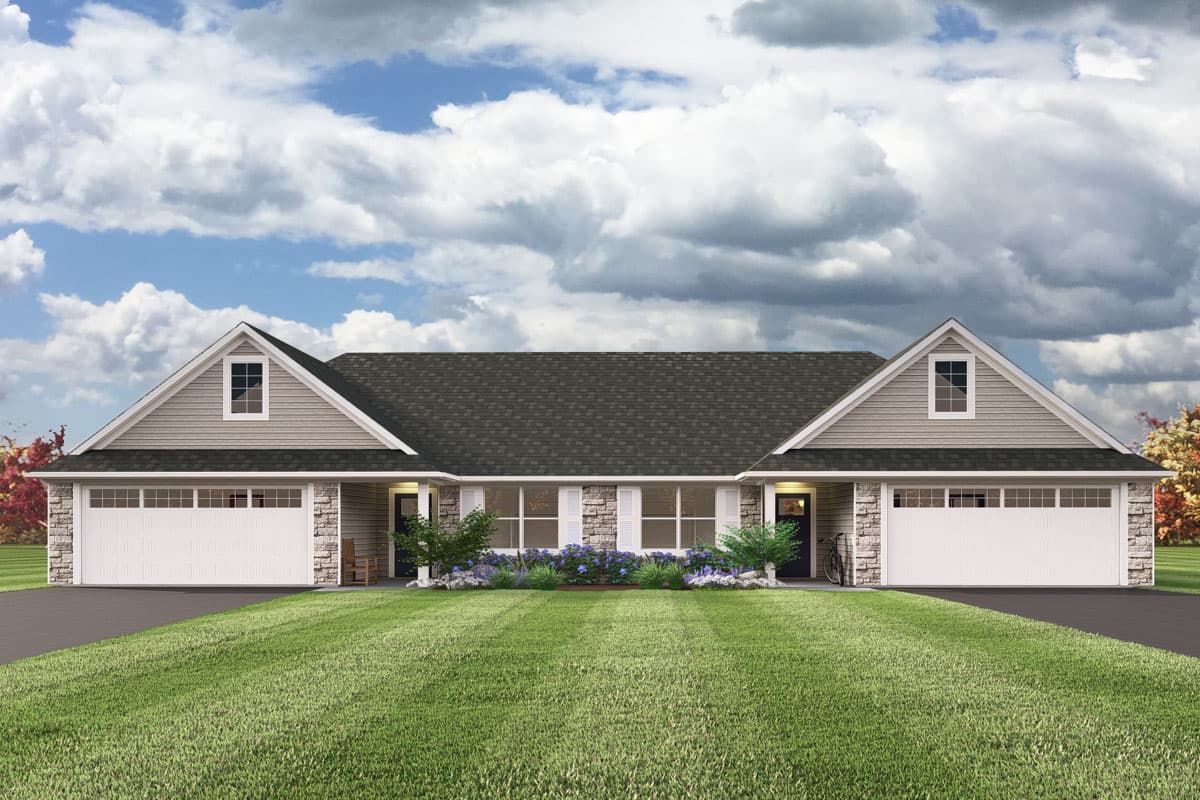 House plan exterior. Two-story, with gabled dormers above garage doors, and stone facade accents. Symmetrical design with dark gray roofing.