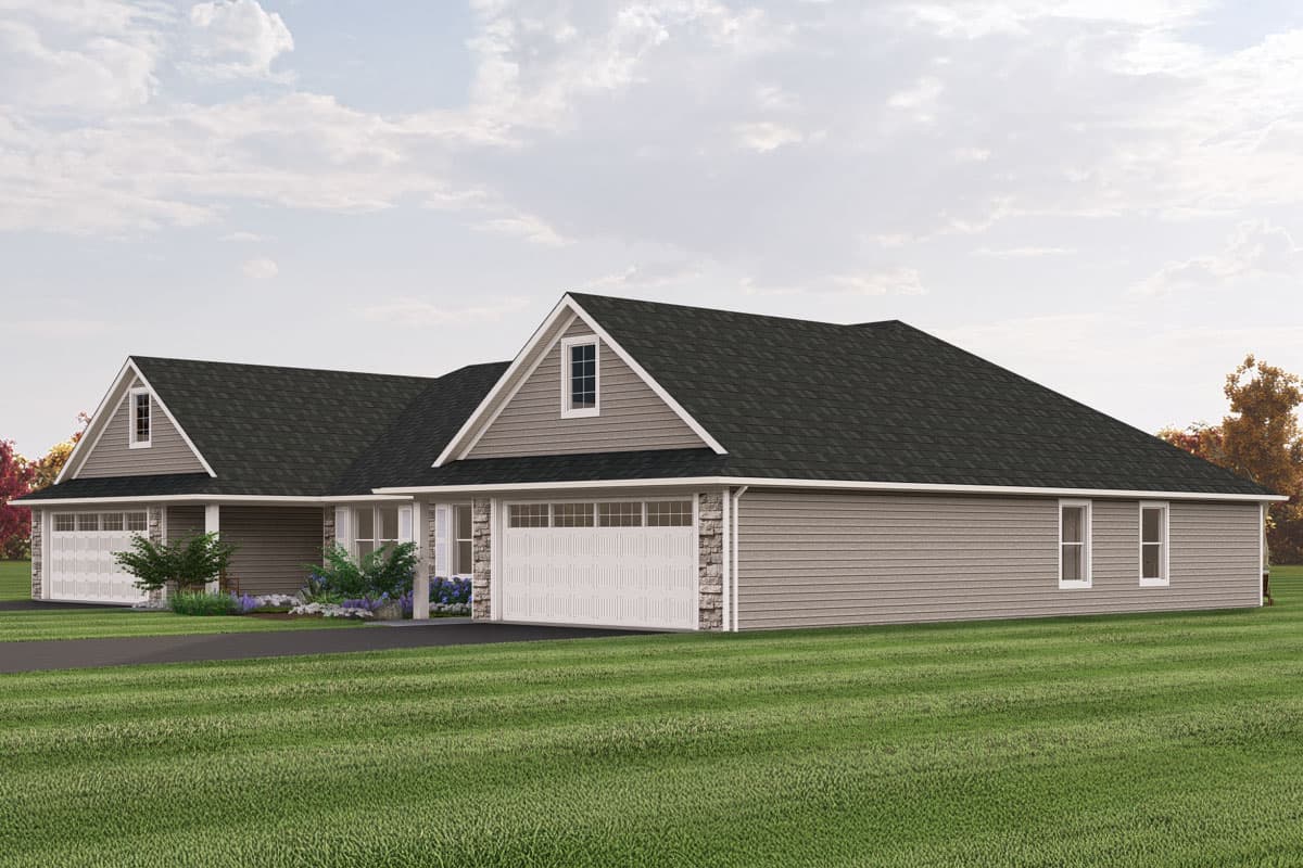 House plan exterior: One-story Modern Farmhouse with dual garages, gable dormers, and stone and vinyl siding.