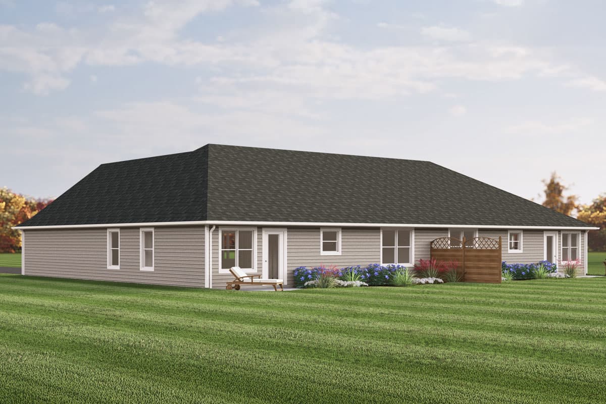 House plan exterior: Single-story dwelling with vinyl siding, hipped roof, multiple windows, and a French door.