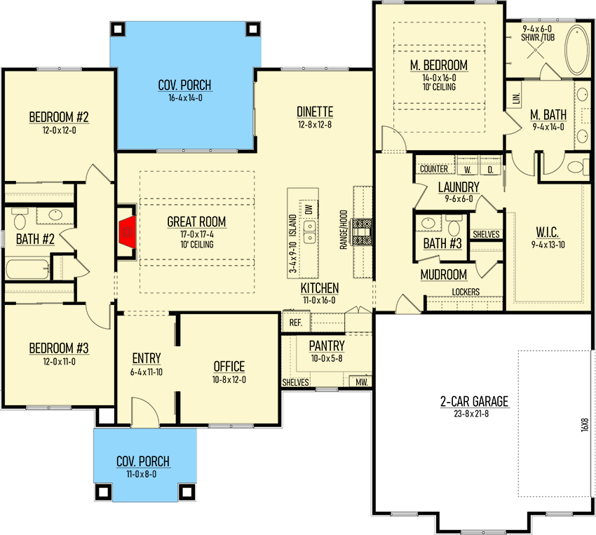 Plan 310005GLH: 3-Bed Contemporary Ranch House Plan with Home Office - 2223 Sq Ft - Floor Plan - Main Level - Contemporary, Ranch