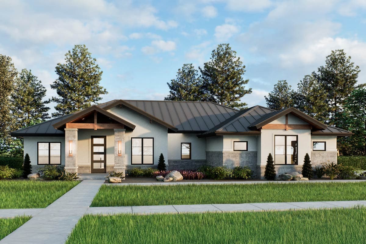House plan exterior. Modern, one-story home with a metal roof, front porch with exposed beams, and stone accents.