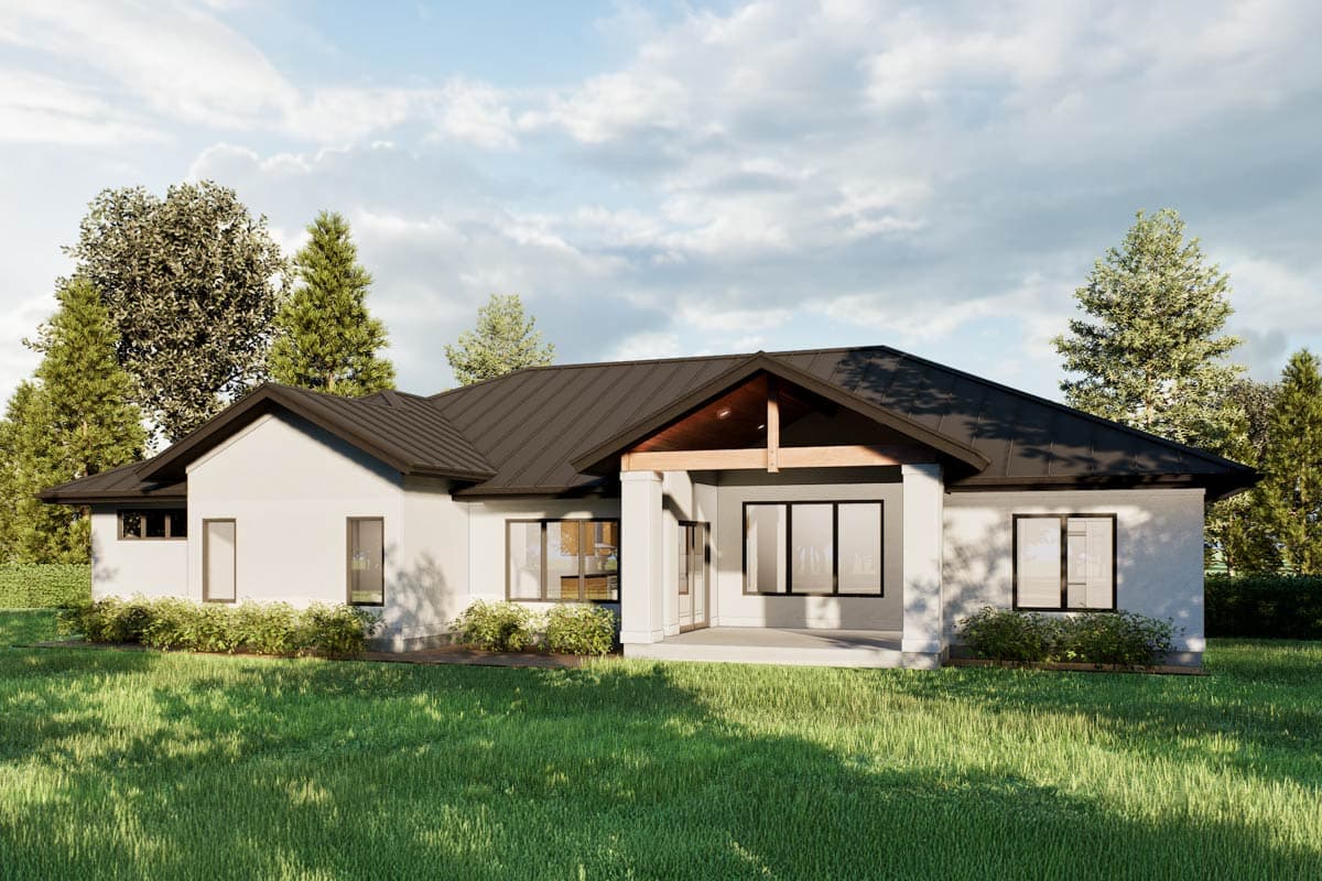 Exterior house plan rendering of a single-story modern home with a dark metal roof, white stucco walls, and a covered patio with exposed beams.