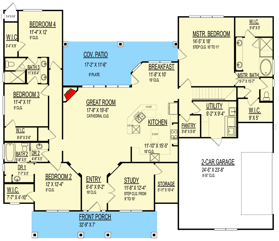 Plan 264227KMD: 4-Bed Country Farmhouse Plan with Finished Bonus Room - 3106 Sq Ft - Floor Plan - Main Level - Country, Farmhouse, New American, Traditional