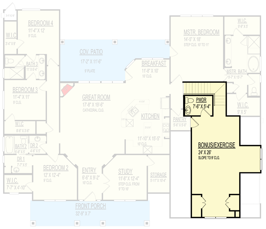 Plan 264227KMD: 4-Bed Country Farmhouse Plan with Finished Bonus Room - 3106 Sq Ft - Floor Plan - 2nd Floor - Country, Farmhouse, New American, Traditional