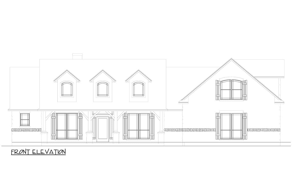 Front elevation drawing of a two-story house plan with dormers, a covered porch with exposed beams, and a steeply pitched gable.