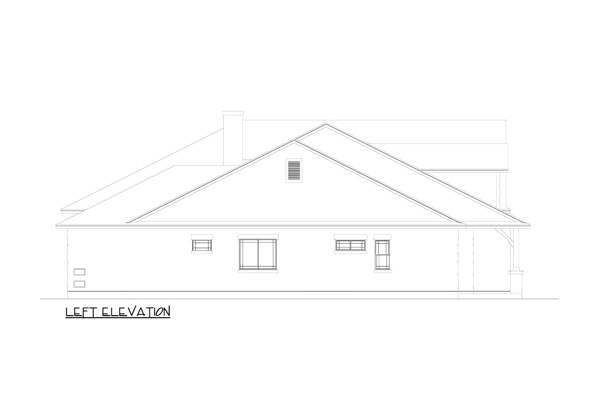 Left elevation drawing of a single-story house plan with a prominent gable, multiple windows, and a covered porch.